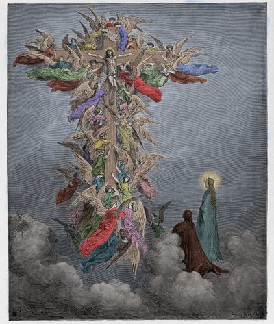 Paradiso, Canto 14: Dante and Beatrice see the angels with Christ on the cross (illustration from The Divine Comedy) by Gustave after Dore